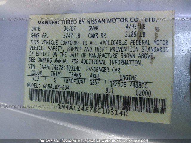 1N4AL24E78C103140 - 2008 NISSAN ALTIMA 2.5S SILVER photo 9