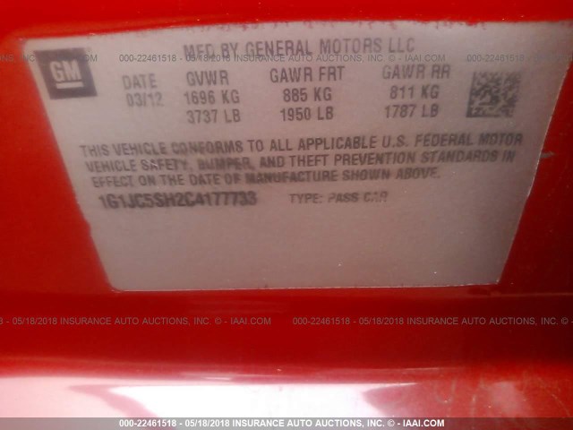 1G1JC5SH2C4177733 - 2012 CHEVROLET SONIC LT RED photo 9