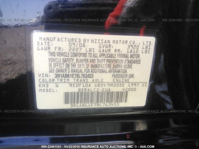 3N1AB61E78L763453 - 2008 NISSAN SENTRA 2.0/2.0S/2.0SL BLACK photo 9