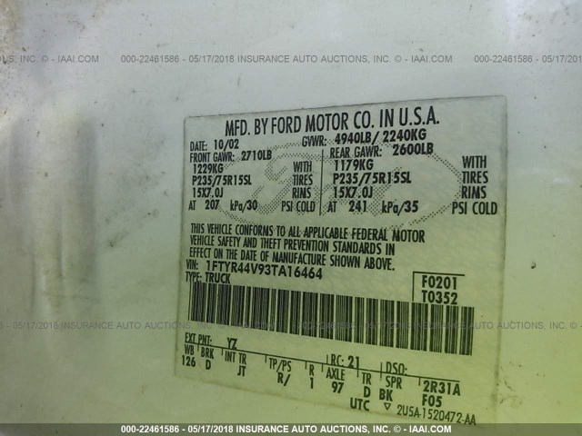 1FTYR44V93TA16464 - 2003 FORD RANGER SUPER CAB WHITE photo 9