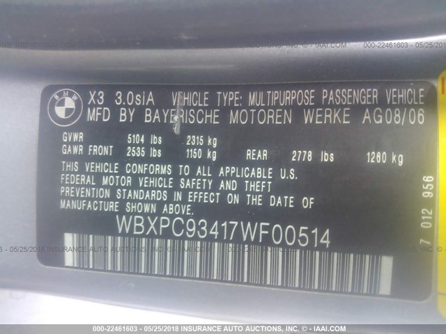 WBXPC93417WF00514 - 2007 BMW X3 3.0SI GRAY photo 9