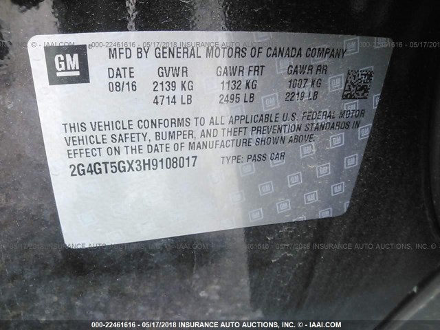 2G4GT5GX3H9108017 - 2017 BUICK REGAL GS Սև լուսանկար 9