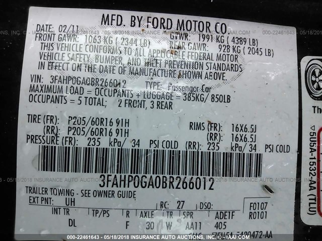 3FAHP0GA0BR266012 - 2011 FORD FUSION S BLACK photo 9