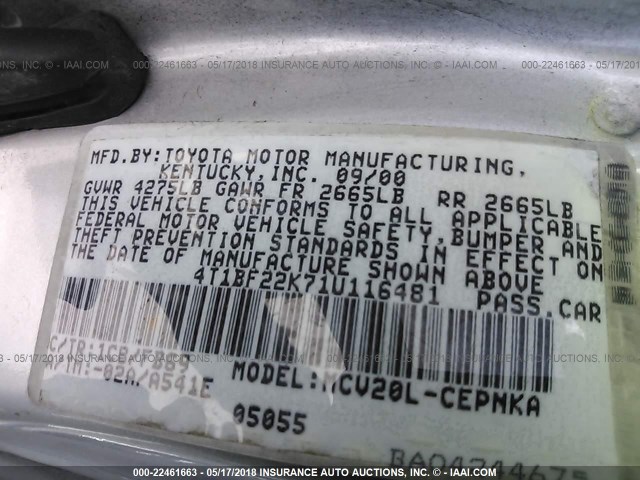 4T1BF22K71U116481 - 2001 TOYOTA CAMRY LE/XLE GRAY photo 9