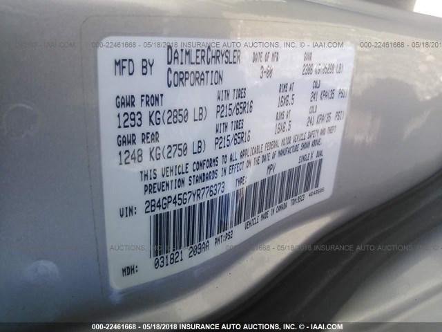 2B4GP45G7YR776373 - 2000 DODGE CARAVAN SE/SPORT SILVER photo 9