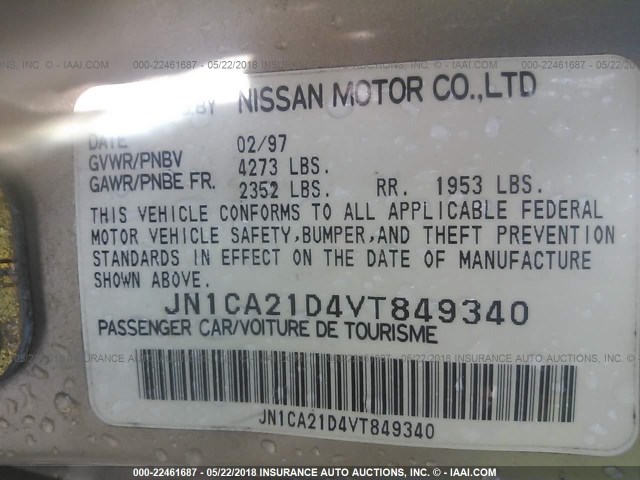 JN1CA21D4VT849340 - 1997 NISSAN MAXIMA GLE/GXE/SE GOLD photo 9