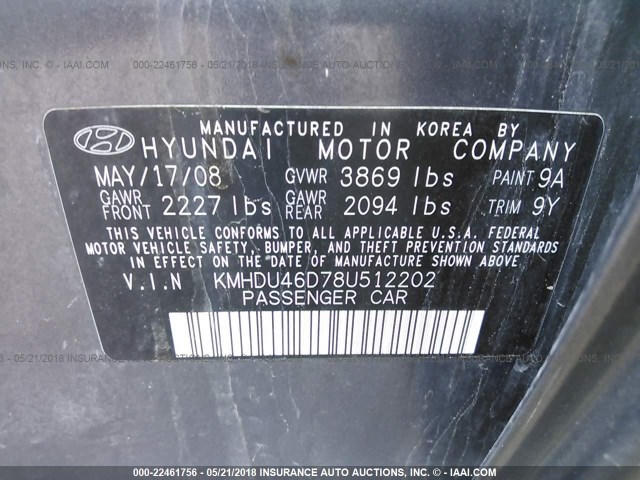 KMHDU46D78U512202 - 2008 HYUNDAI ELANTRA GLS/SE/LIMITED GRAY photo 9