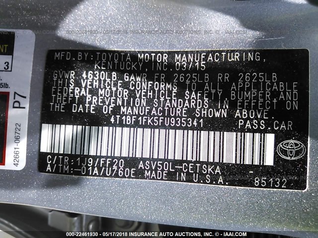 4T1BF1FK5FU935341 - 2015 TOYOTA CAMRY LE/XLE/SE/XSE SILVER photo 9