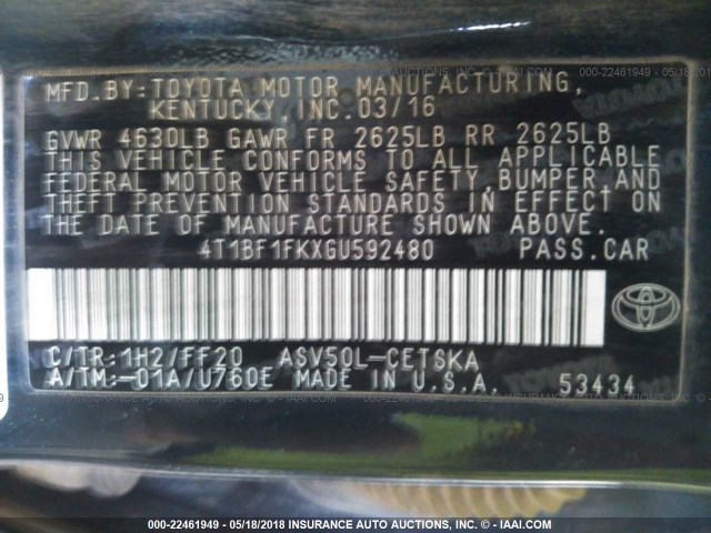 4T1BF1FKXGU592480 - 2016 TOYOTA CAMRY LE/XLE/SE/XSE Dark Blue photo 9