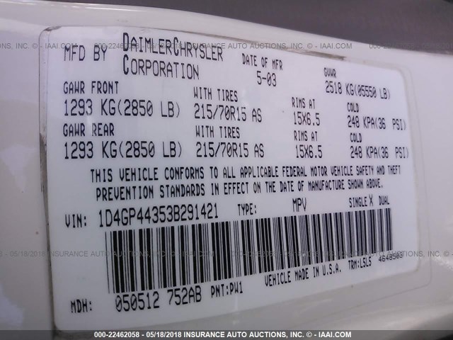 1D4GP44353B291421 - 2003 DODGE GRAND CARAVAN SPORT WHITE photo 9