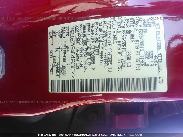 1N6ED27Y84C463877 - 2004 NISSAN FRONTIER CREW CAB XE V6 RED photo 9