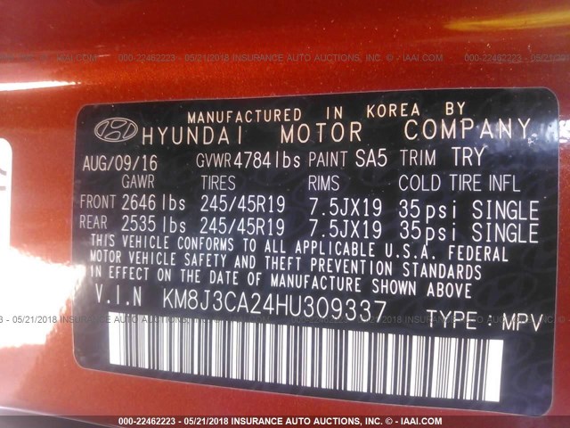 KM8J3CA24HU309337 - 2017 HYUNDAI TUCSON LIMITED/SPORT AND ECO/SE ORANGE photo 9