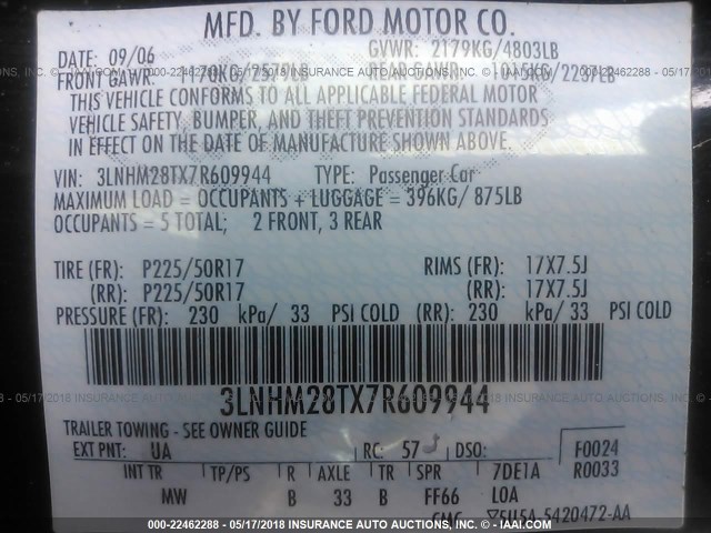 3LNHM28TX7R609944 - 2007 LINCOLN MKZ BLACK photo 9
