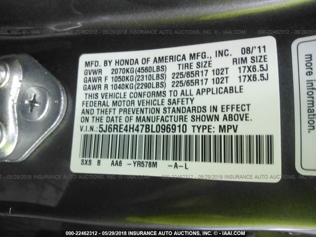 5J6RE4H47BL096910 - 2011 HONDA CR-V SE BROWN photo 9