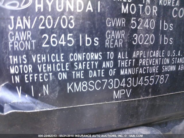 KM8SC73D43U455787 - 2003 HYUNDAI SANTA FE GLS/LX BLACK photo 9