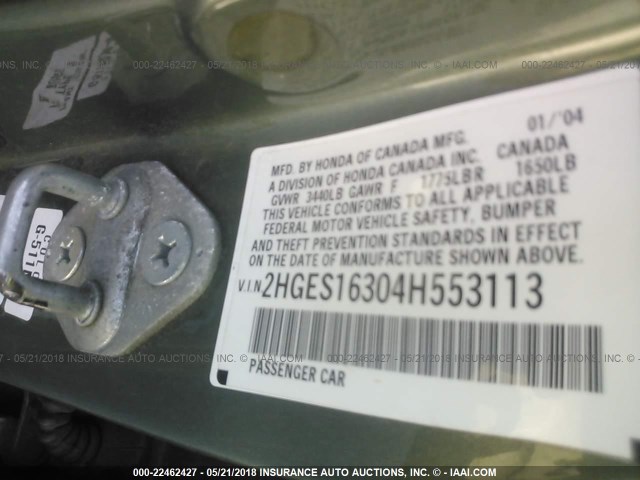 2HGES16304H553113 - 2004 HONDA CIVIC DX VP 绿色 照片 9