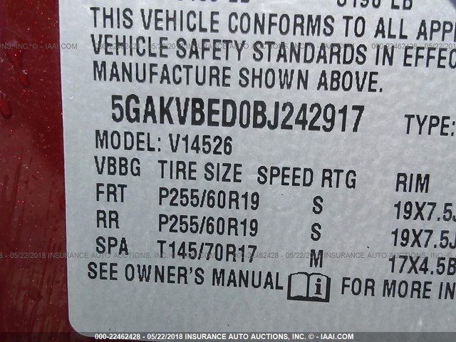 5GAKVBED0BJ242917 - 2011 BUICK ENCLAVE CXL MAROON photo 9