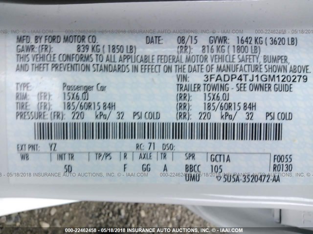 3FADP4TJ1GM120279 - 2016 FORD FIESTA S 白色 照片 9