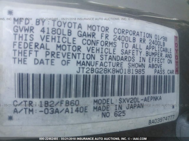 JT2BG28K8W0181985 - 1998 TOYOTA CAMRY LE/XLE Silber Foto 9