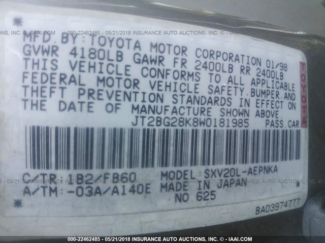 JT2BG28K8W0181985 - 1998 TOYOTA CAMRY LE/XLE SILVER photo 9