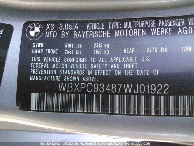 WBXPC93487WJ01922 - 2007 BMW X3 3.0SI GRAY photo 9