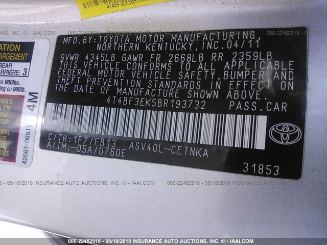 4T4BF3EK5BR193732 - 2011 TOYOTA CAMRY SE/LE/XLE SILVER photo 9