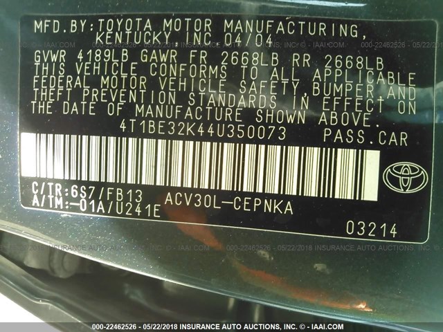 4T1BE32K44U350073 - 2004 TOYOTA CAMRY LE/XLE/SE მწვანე ფოტო 9
