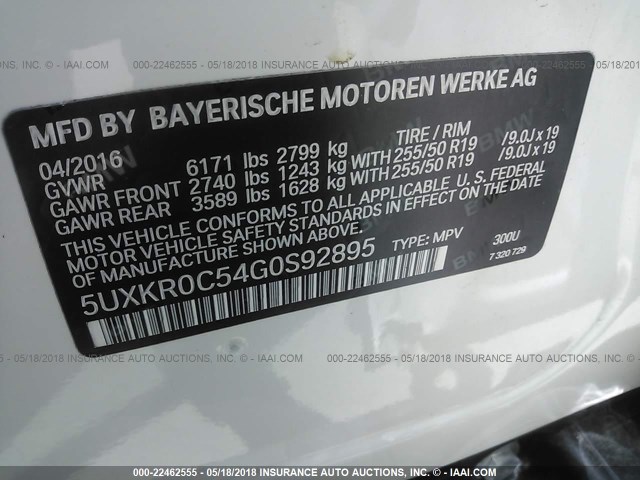 5UXKR0C54G0S92895 - 2016 BMW X5 XDRIVE35I WHITE photo 9