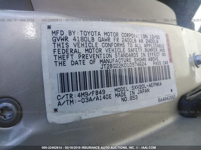 JT2BG22K010574624 - 2001 TOYOTA CAMRY CE/LE/XLE GOLD photo 9