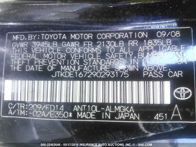 JTKDE167290293175 - 2009 TOYOTA SCION TC 黑色 照片 9