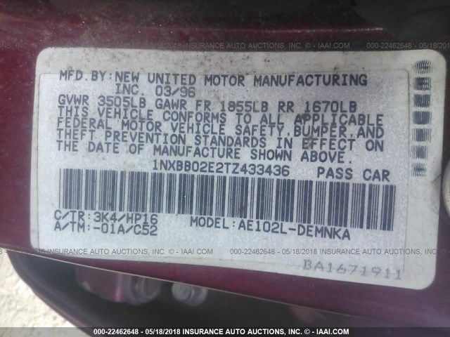 1NXBB02E2TZ433436 - 1996 TOYOTA COROLLA DX RED photo 9