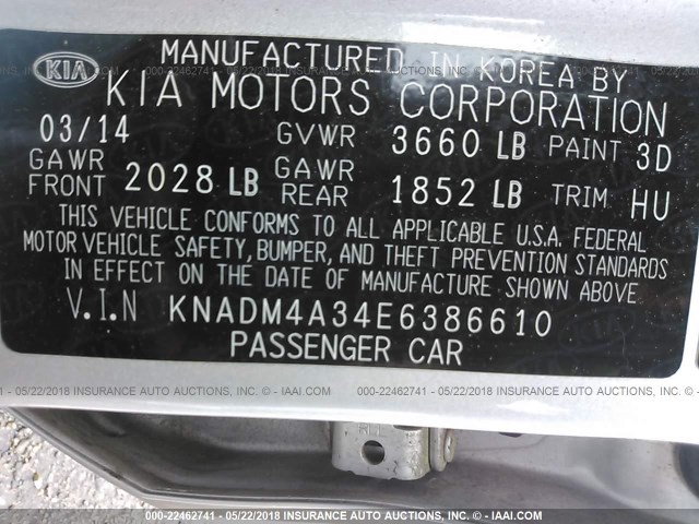 KNADM4A34E6386610 - 2014 KIA RIO LX SILVER photo 9