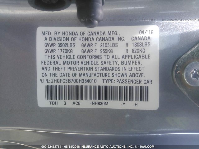 2HGFC3B70GH354010 - 2016 HONDA CIVIC EXL ვერცხლისფერი ფოტო 9