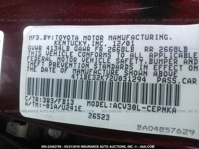 4T1BE32K72U031294 - 2002 TOYOTA CAMRY LE/XLE/SE 栗色 照片 9