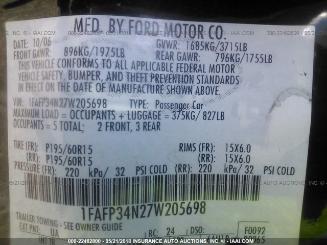 1FAFP34N27W205698 - 2007 FORD FOCUS ZX4/S/SE/SES 黑色 照片 9