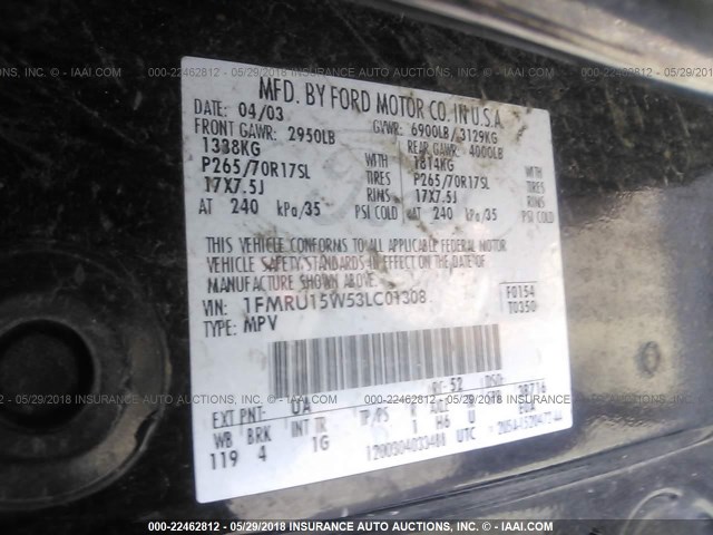 1FMRU15W53LC01308 - 2003 FORD EXPEDITION XLT BLACK photo 9