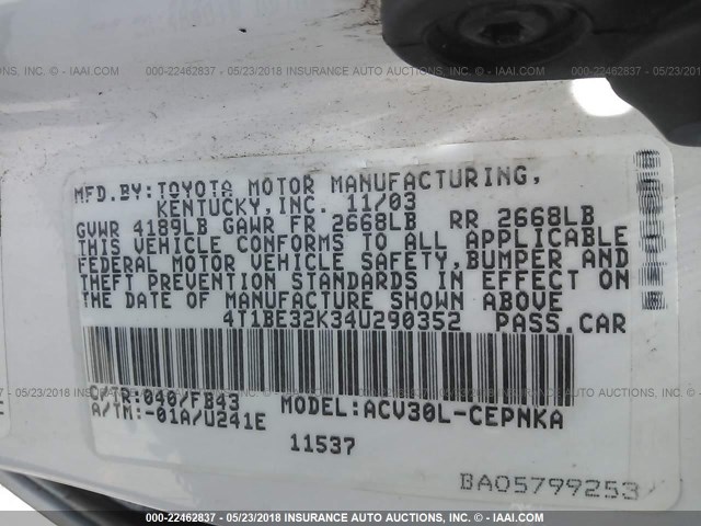 4T1BE32K34U290352 - 2004 TOYOTA CAMRY LE/XLE/SE WHITE photo 9