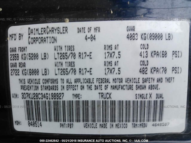 3D7KU28C34G198927 - 2004 DODGE RAM 2500 ST/SLT 蓝色 照片 9