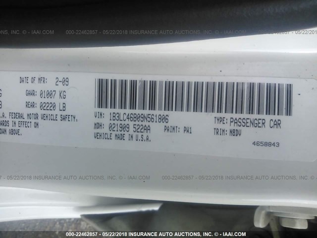 1B3LC46B09N561806 - 2009 DODGE AVENGER SE/SXT WHITE photo 9