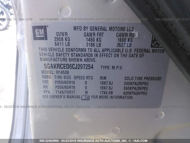 5GAKRCED6CJ297254 - 2012 BUICK ENCLAVE GOLD photo 9
