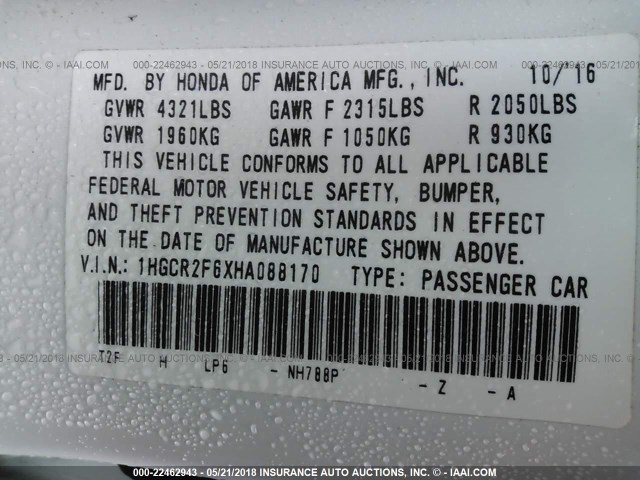 1HGCR2F6XHA088170 - 2017 HONDA ACCORD SPORT 白色 照片 9