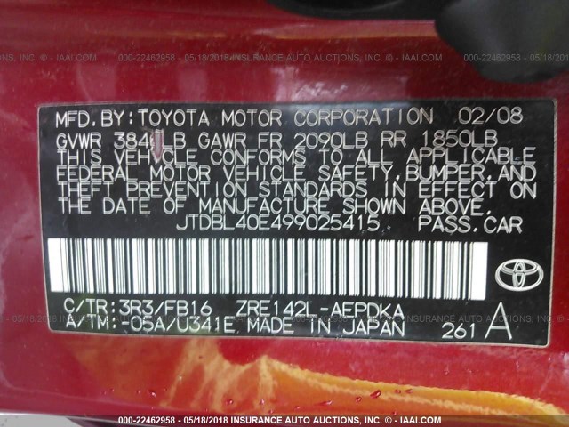 JTDBL40E499025415 - 2009 TOYOTA COROLLA LE/XLE RED photo 9