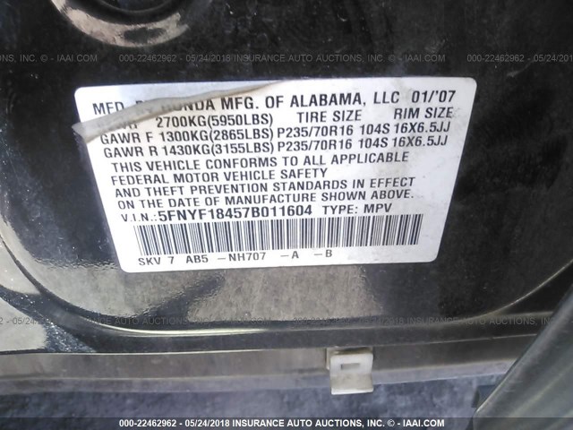 5FNYF18457B011604 - 2007 HONDA PILOT EX BLACK photo 9