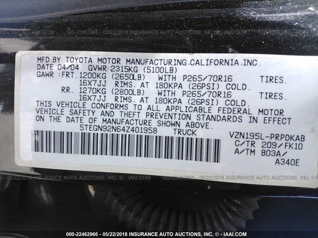 5TEGN92N64Z401958 - 2004 TOYOTA TACOMA DOUBLE CAB PRERUNNER BLACK photo 9