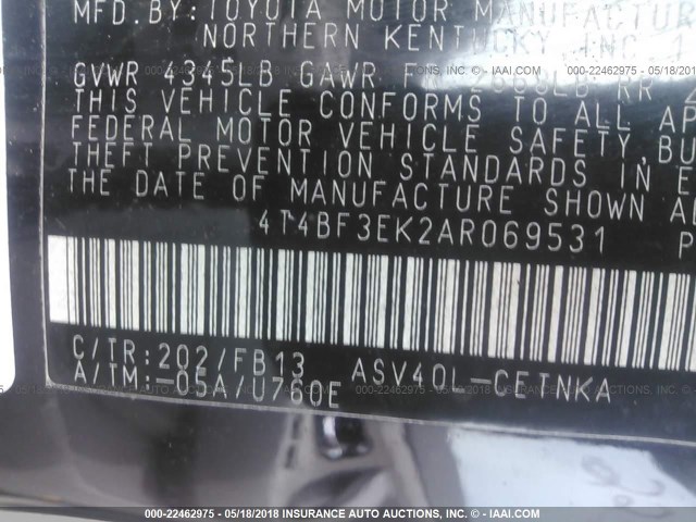 4T4BF3EK2AR069531 - 2010 TOYOTA CAMRY SE/LE/XLE BLACK photo 9