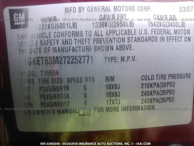 1GKET63M272252771 - 2007 GMC ENVOY DENALI RED photo 9