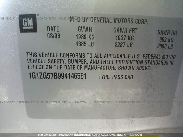 1G1ZG57B994146581 - 2009 CHEVROLET MALIBU LS ვერცხლისფერი ფოტო 9