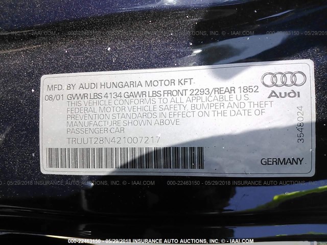 TRUUT28N421007217 - 2002 AUDI TT QUATTRO BLUE photo 9