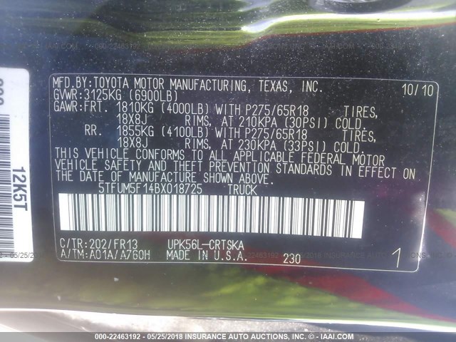 5TFUM5F14BX018725 - 2011 TOYOTA TUNDRA DOUBLE CAB SR5 BLACK photo 9