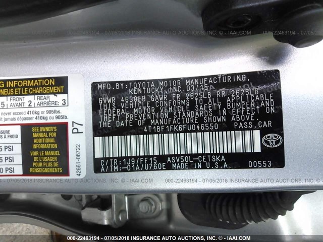 4T1BF1FK6FU046550 - 2015 TOYOTA CAMRY LE/XLE/SE/XSE SILVER photo 9